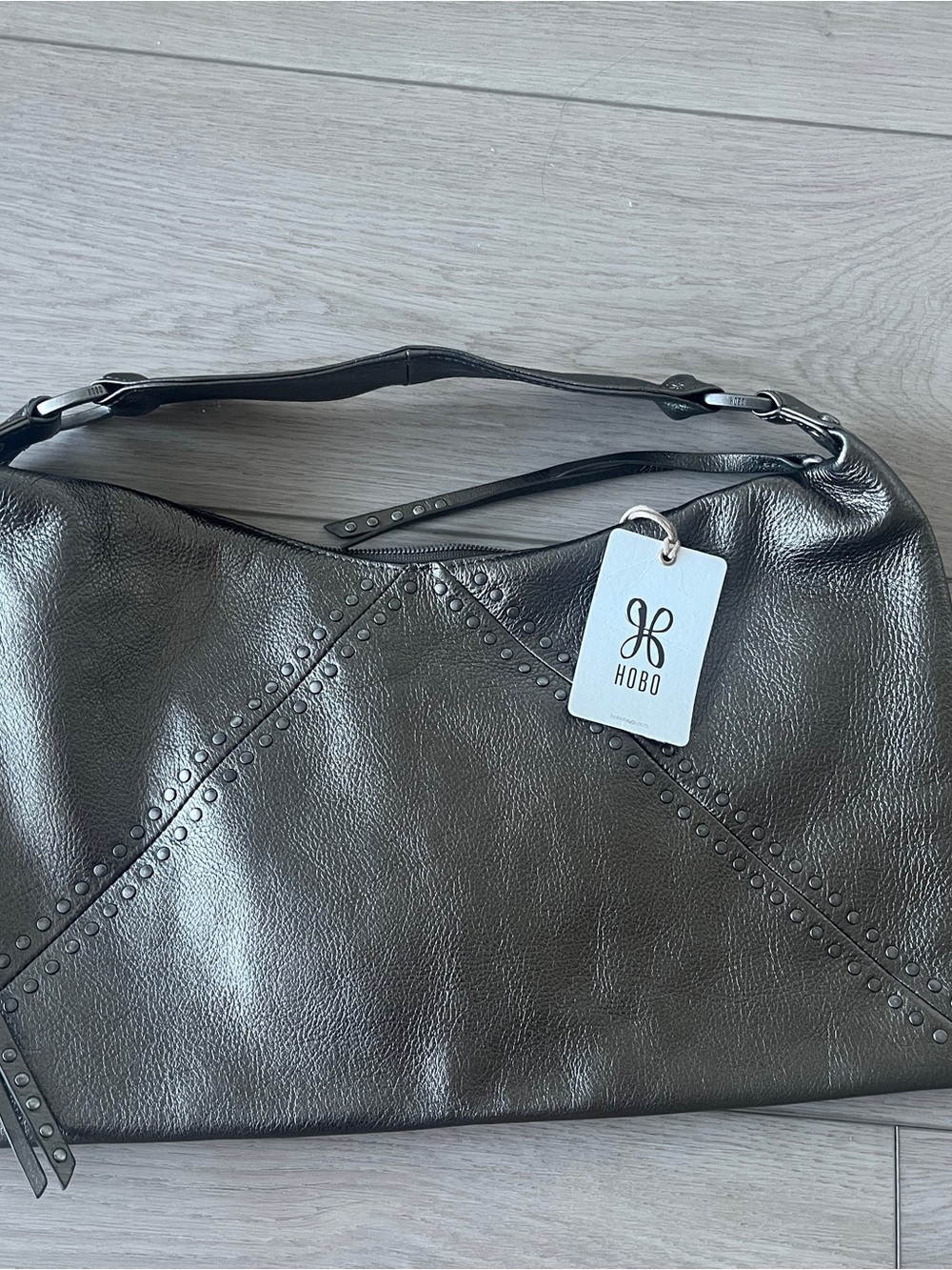 HOBO Metallic Pewter Studded Leather Hobo Bag